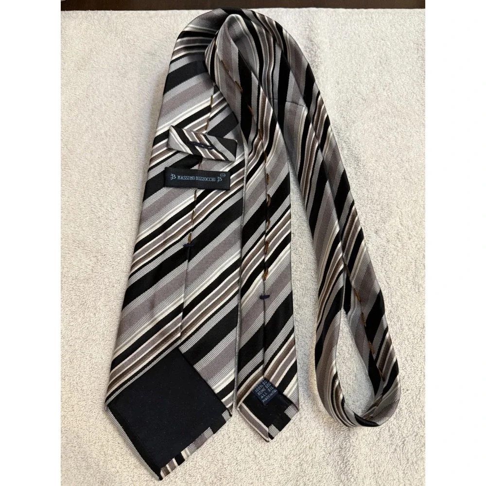 Massimo Bizzocchi Mens Silk Tie Black Grey White Striped Made in Italy Necktie